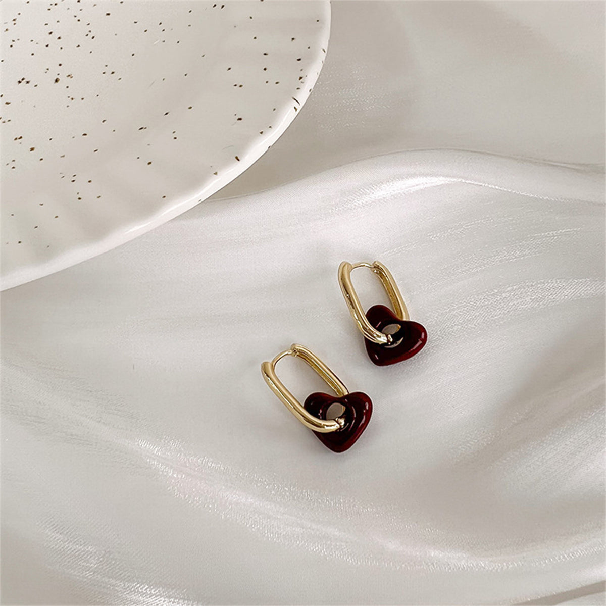 Red Enamel & 18K Gold-Plated Heart Charm Huggie Earrings