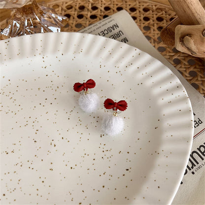 Red Enamel and White Pom-Pom Bow Drop Earrings, drop earrings for women, vintage-inspired design, detail close-up