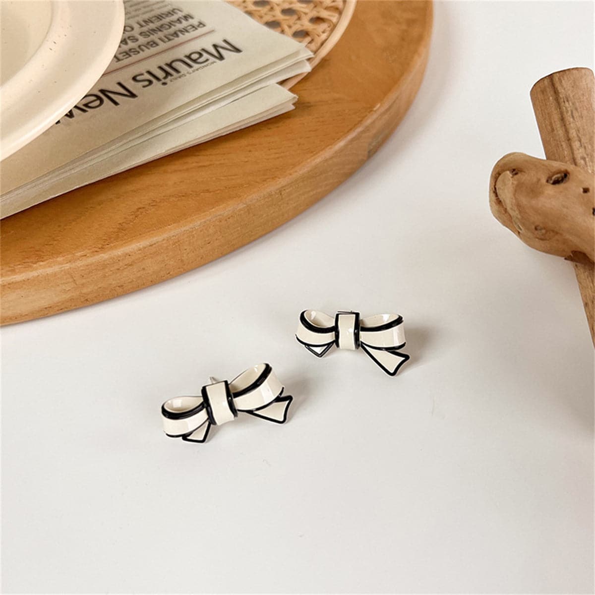 White & Silver-Plated Bow Stud Earrings