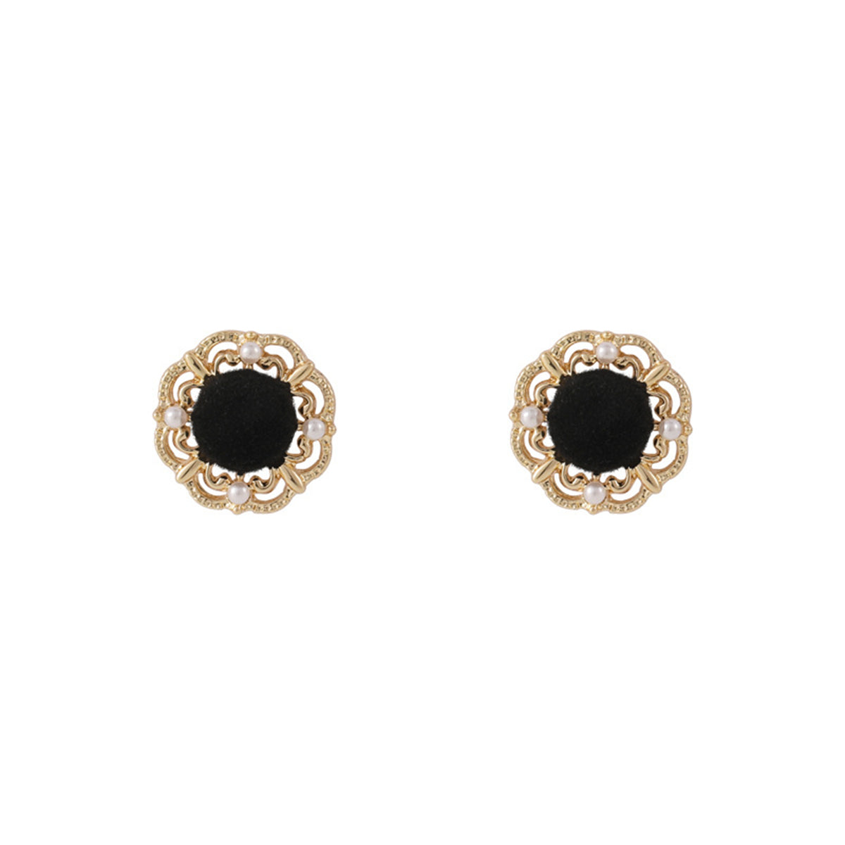 Pearl & Black Flocking 18K Gold-Plated Floral Stud Earrings