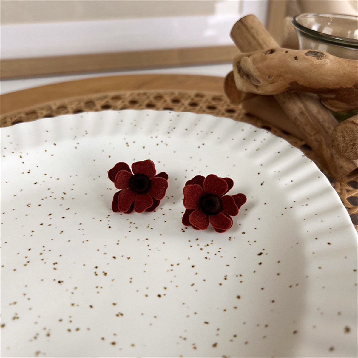 Red Flocked and Silver-Plated Flower Stud Earrings, silver stud earrings for women, botanical inspired, styled look