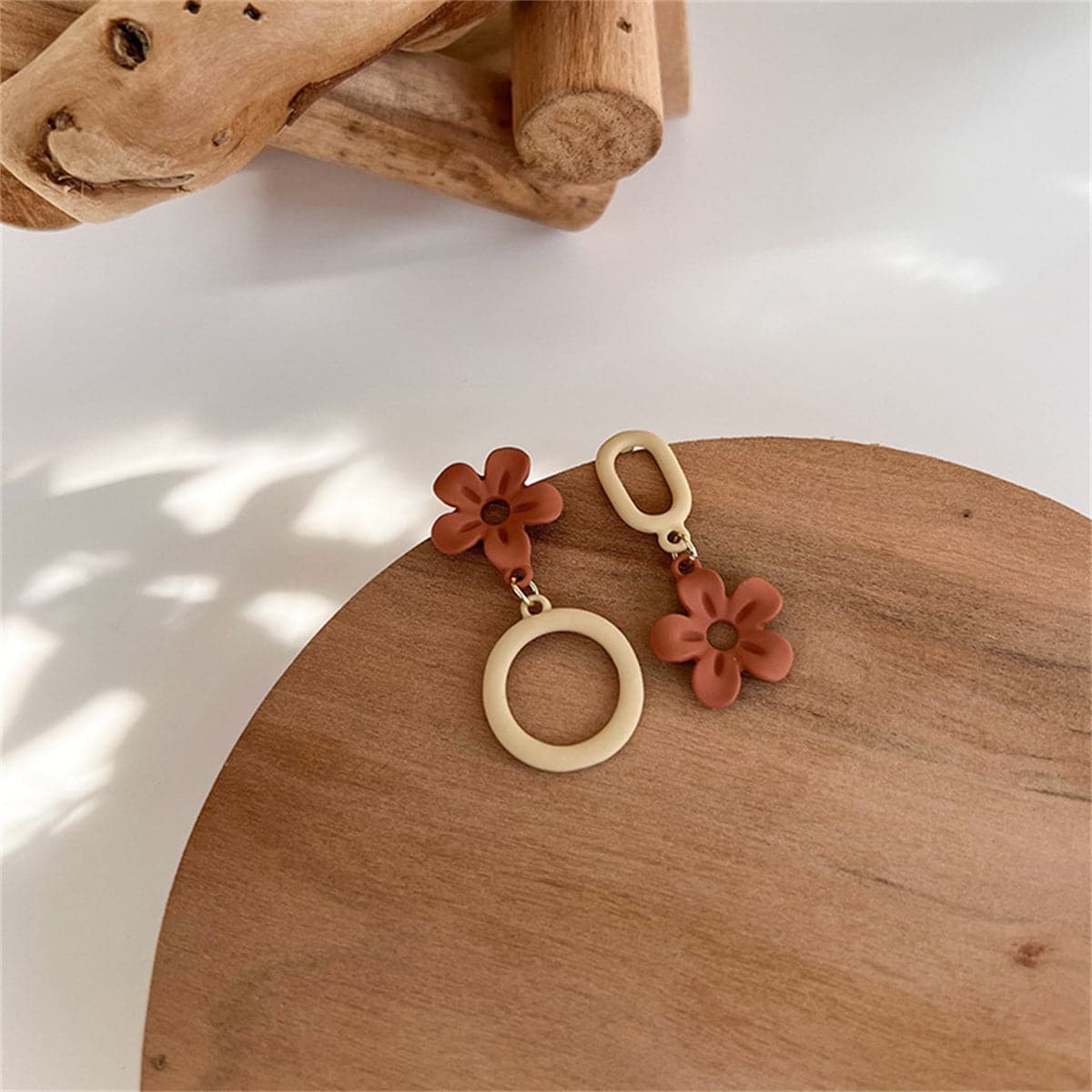 Coffee Enamel and 18K Gold-Plated Flower Mismatch Drop Earring, gold drop earrings for women, everyday style, side view