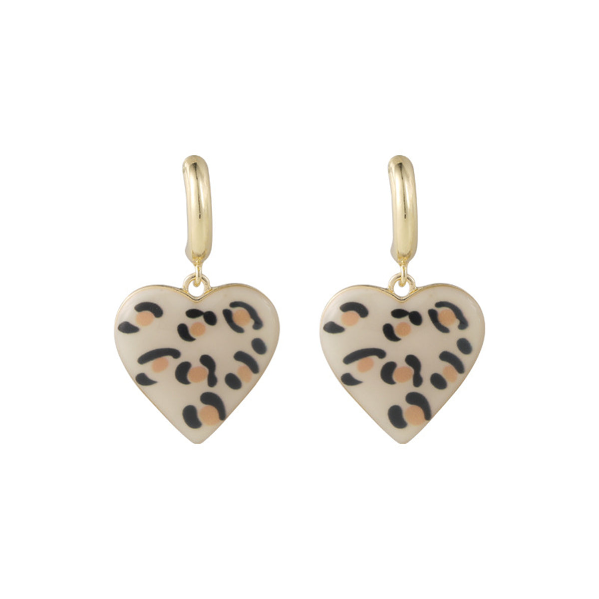 Cream Leopard Enamel and 18K Gold-Plated Heart Drop Earrings, gold drop earrings for women, everyday style, detail close-up