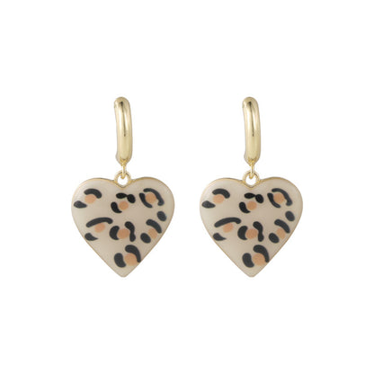 Cream Leopard Enamel and 18K Gold-Plated Heart Drop Earrings, gold drop earrings for women, everyday style, detail close-up