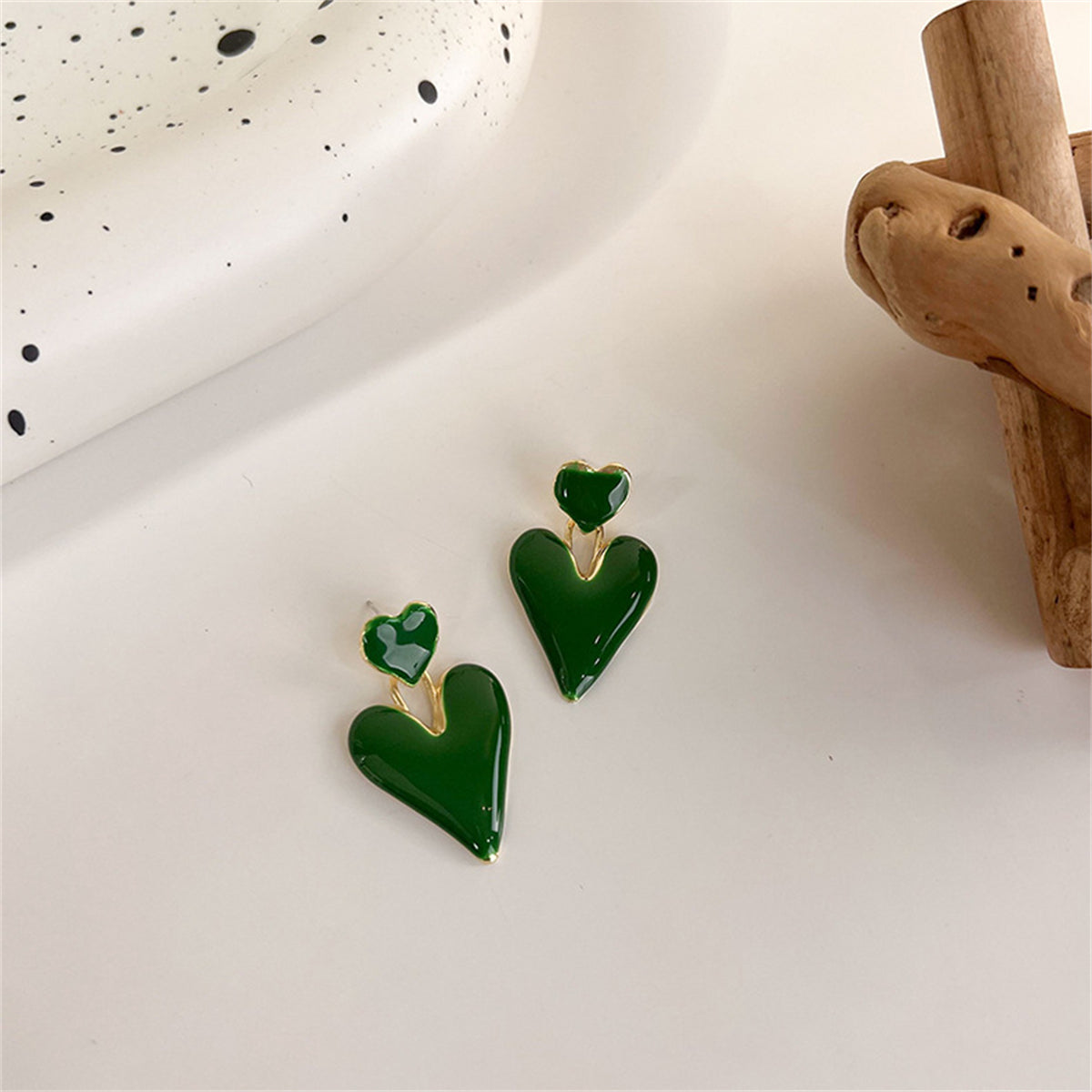 Green Enamel and 18K Gold-Plated Stacked Heart Drop Earrings, gold drop earrings for women, botanical inspired, side view