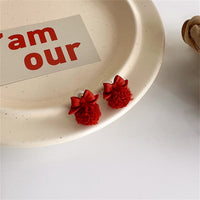 Red Enamel & Pom-Pom Bow Ball Stud Earrings