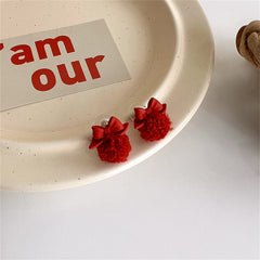 Red Enamel & Pom-Pom Bow Ball Stud Earrings