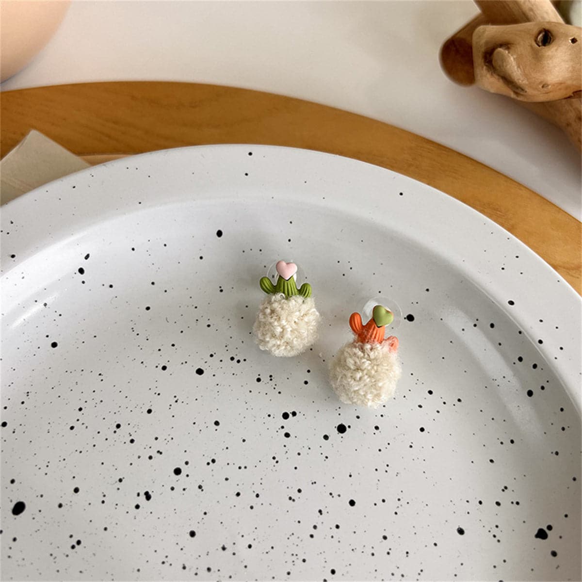 Green Enamel & White Pom-Pom Cactus Ball Stud Earrings