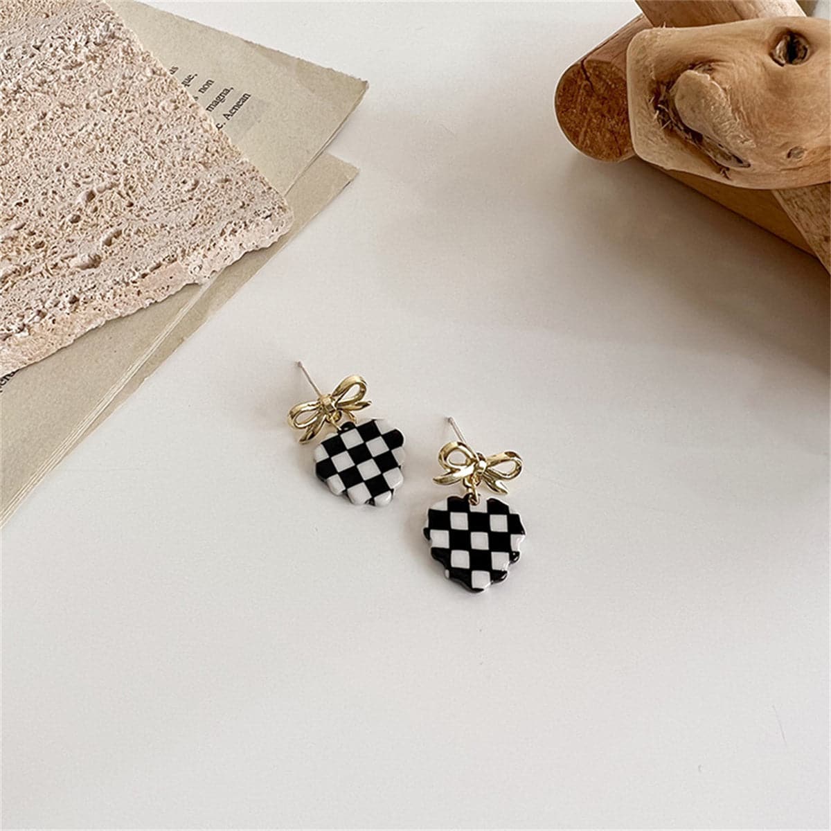 Black and White Acrylic Checkerboard Bow Heart Drop Earrings, drop earrings for women, elegant gift for her, styled look