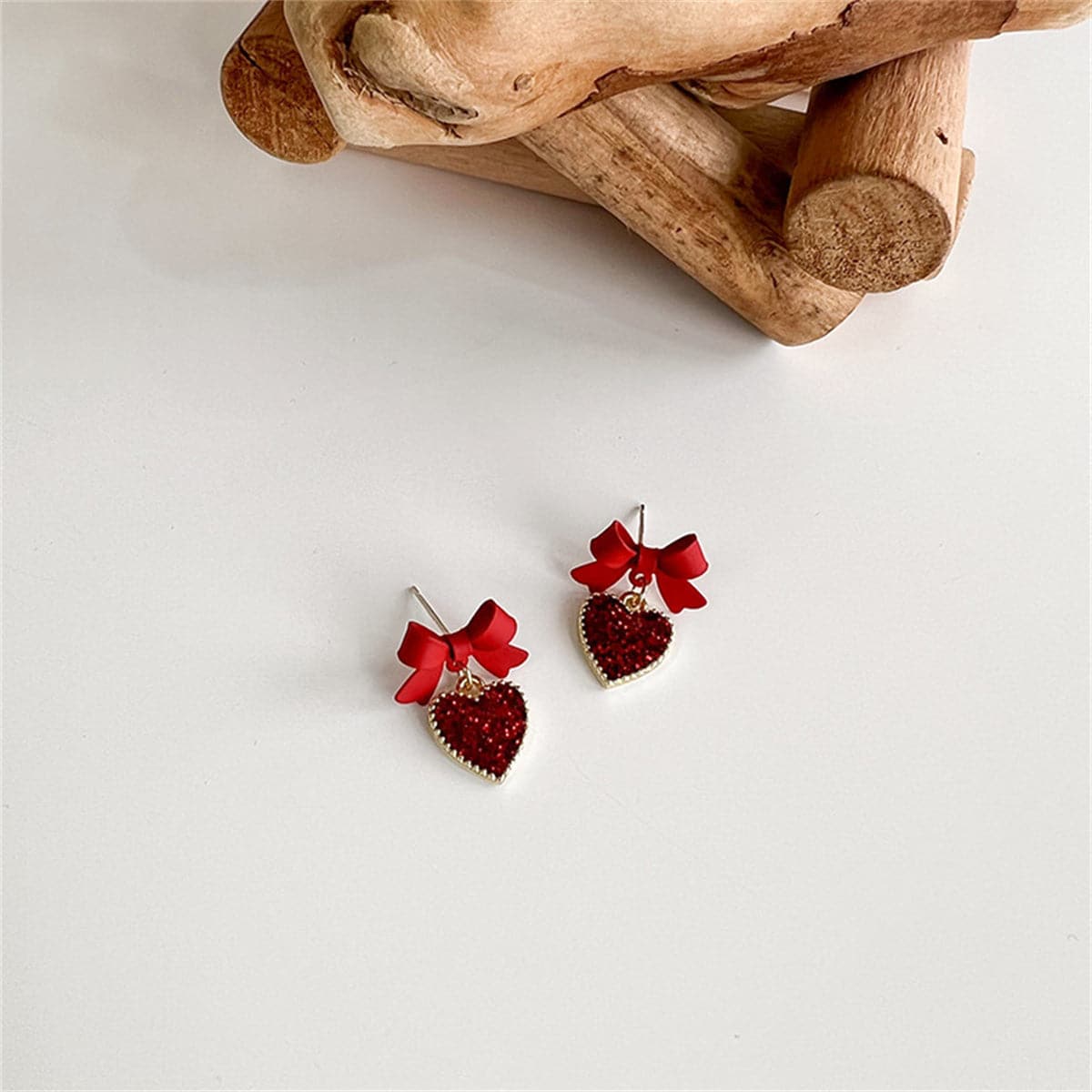 Red Enamel and Cubic Zirconia 18K Gold-Plated Bow Heart Drop Earrings, gold drop earrings for women, front view