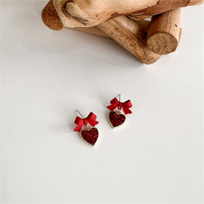 Red Enamel and Cubic Zirconia 18K Gold-Plated Bow Heart Drop Earrings, gold drop earrings for women, front view