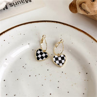 Black & White Checkerboard Heart Drop Earrings
