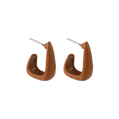 Coffee Enamel and Silver-Plated U-Shape Huggie Earrings, silver huggie earrings, elegant gift for her, front view