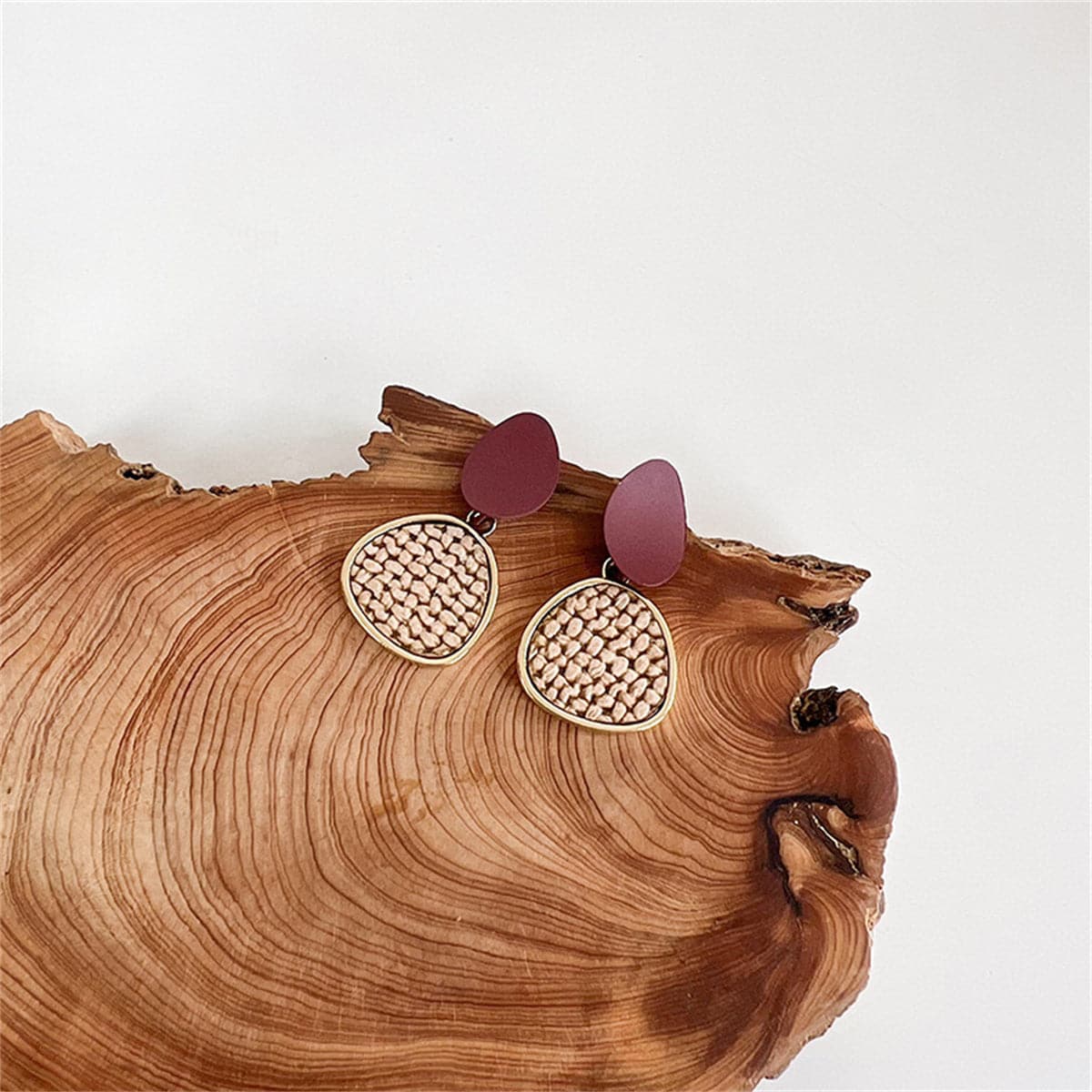 Brown Polystyrene and 18K Gold-Plated Woven Tiered Oval Drop Earrings, gold drop earrings for women, side view