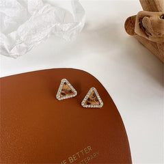 Cubic Zirconia & Tan Polystyrene Leopard Triangle Stud Earrings