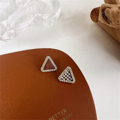 Cubic Zirconia & Brown Polystyrene Houndstooth Triangle Stud Earrings