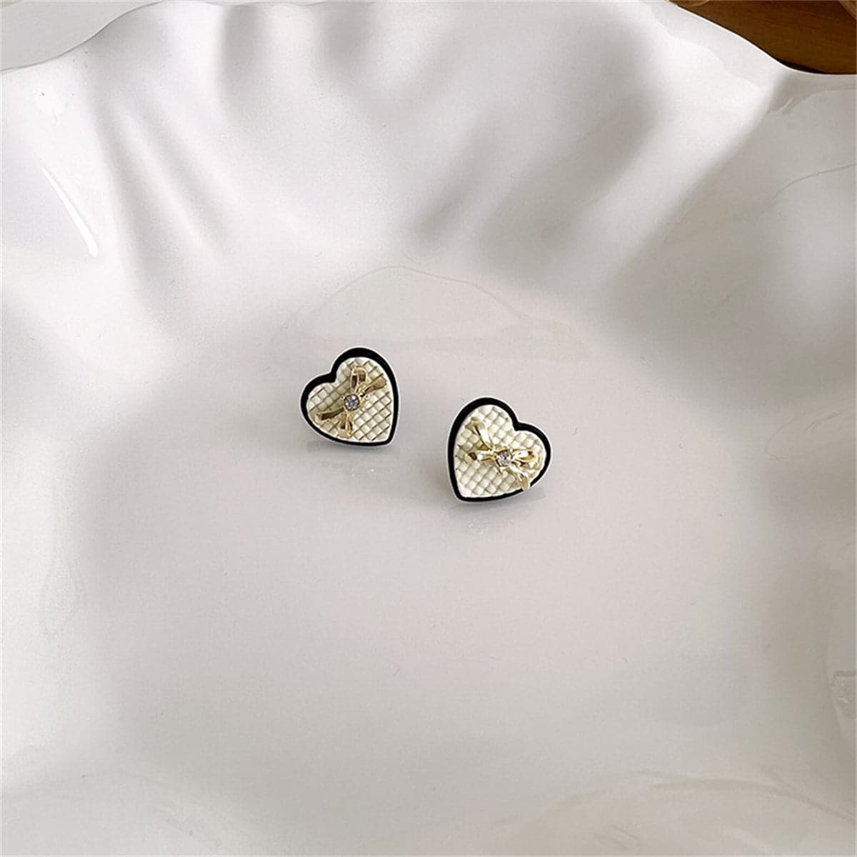 Cubic Zirconia & Beige Enamel Bow Heart Stud Earrings