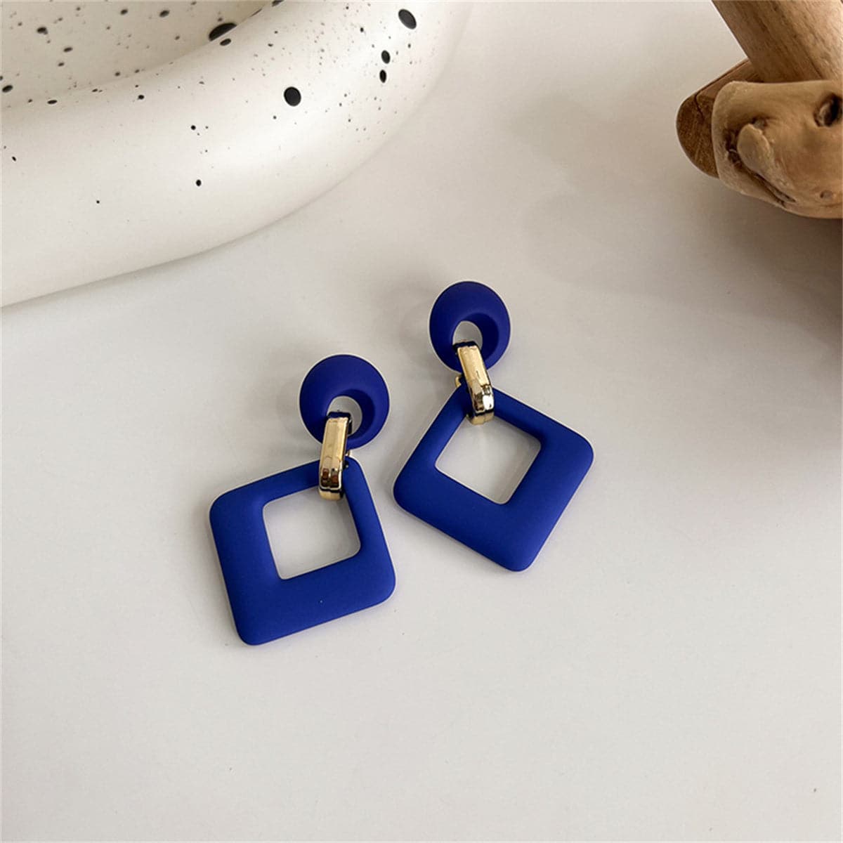 Navy Enamel and 18K Gold-Plated Open Rhombus Drop Earrings, gold drop earrings for women, botanical inspired, side view