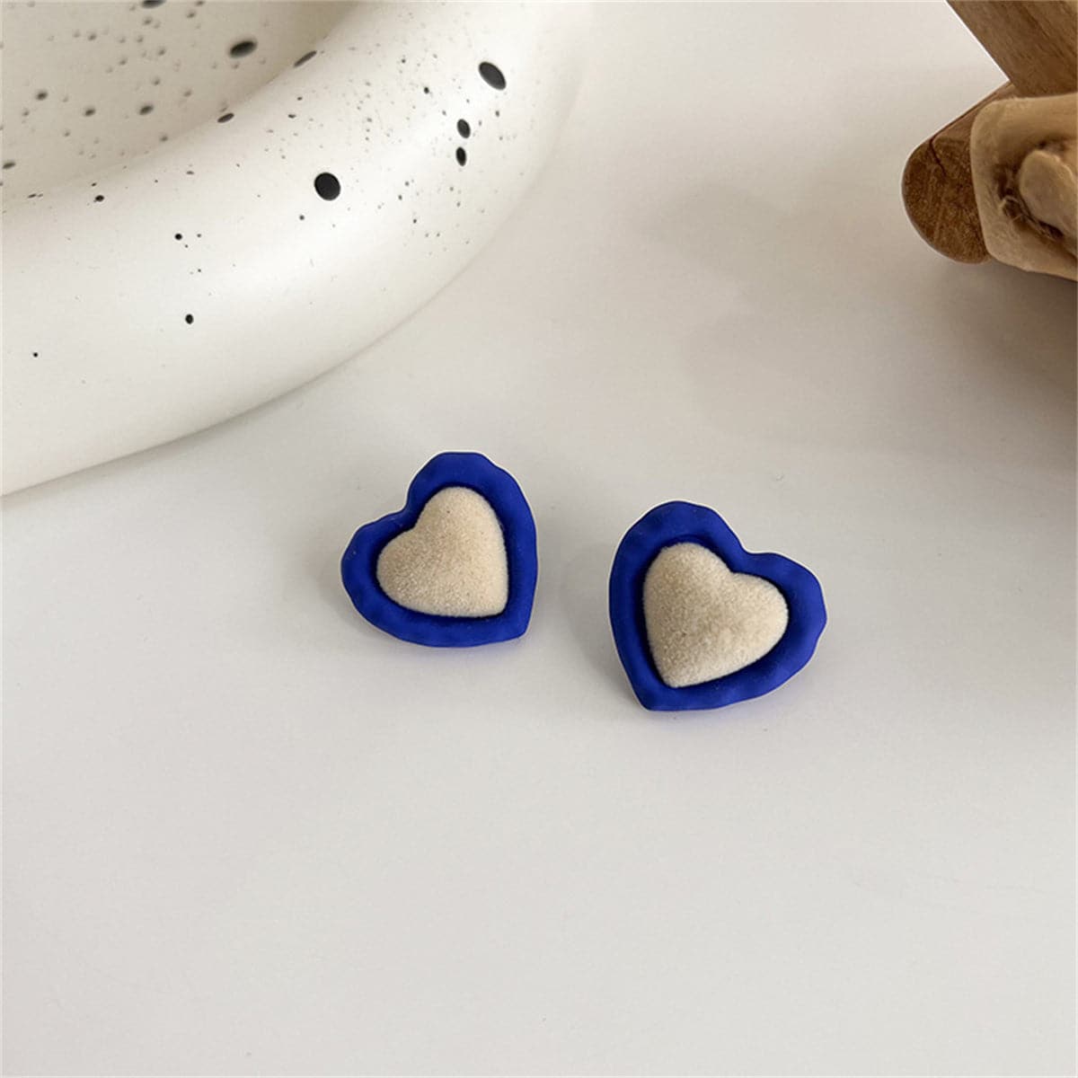 Blue Enamel & Tan Gabardine Heart Stud Earrings