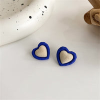 Blue Enamel & Tan Gabardine Heart Stud Earrings