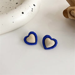 Blue Enamel & Tan Gabardine Heart Stud Earrings