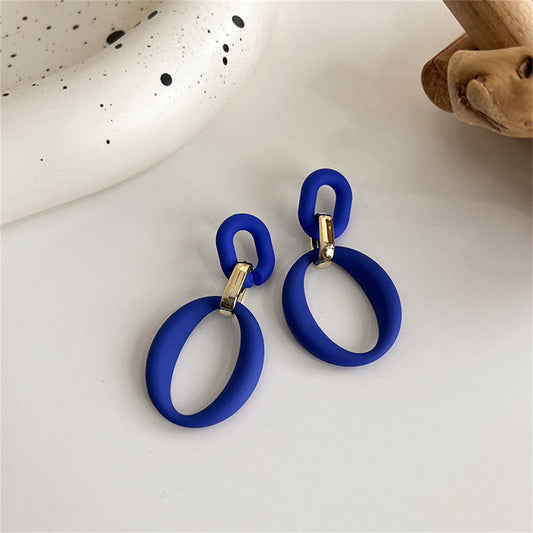 Navy Enamel and 18K Gold-Plated Openwork Oval Drop Earrings, gold drop earrings for women, front view