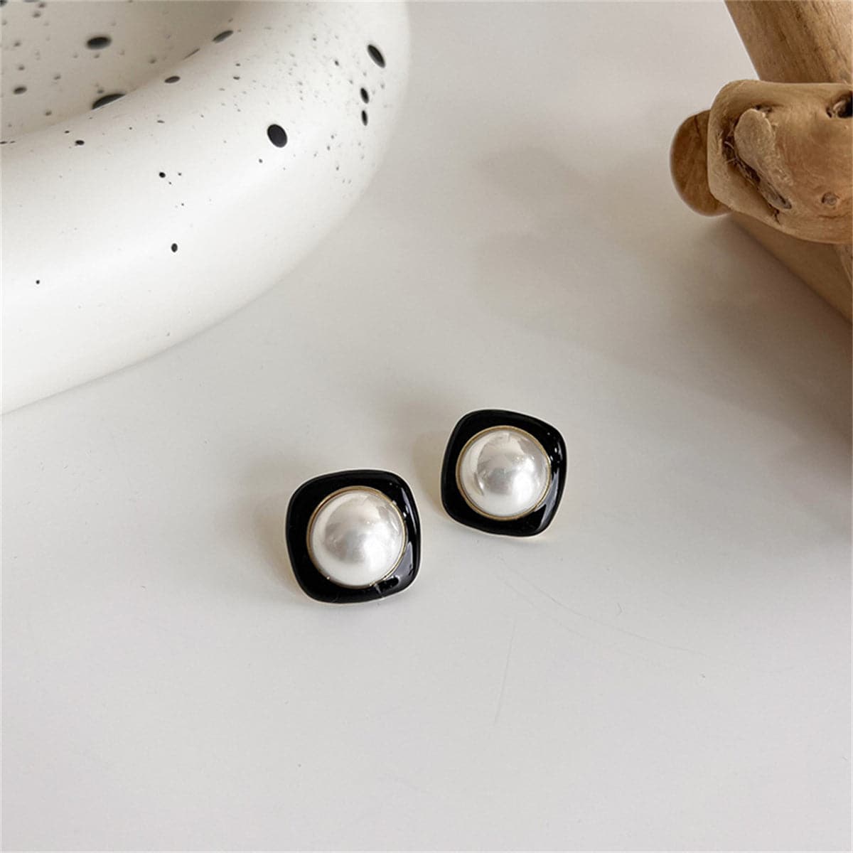 Black Enamel and Pearl Square Stud Earrings, stud earrings for women, everyday style, front view