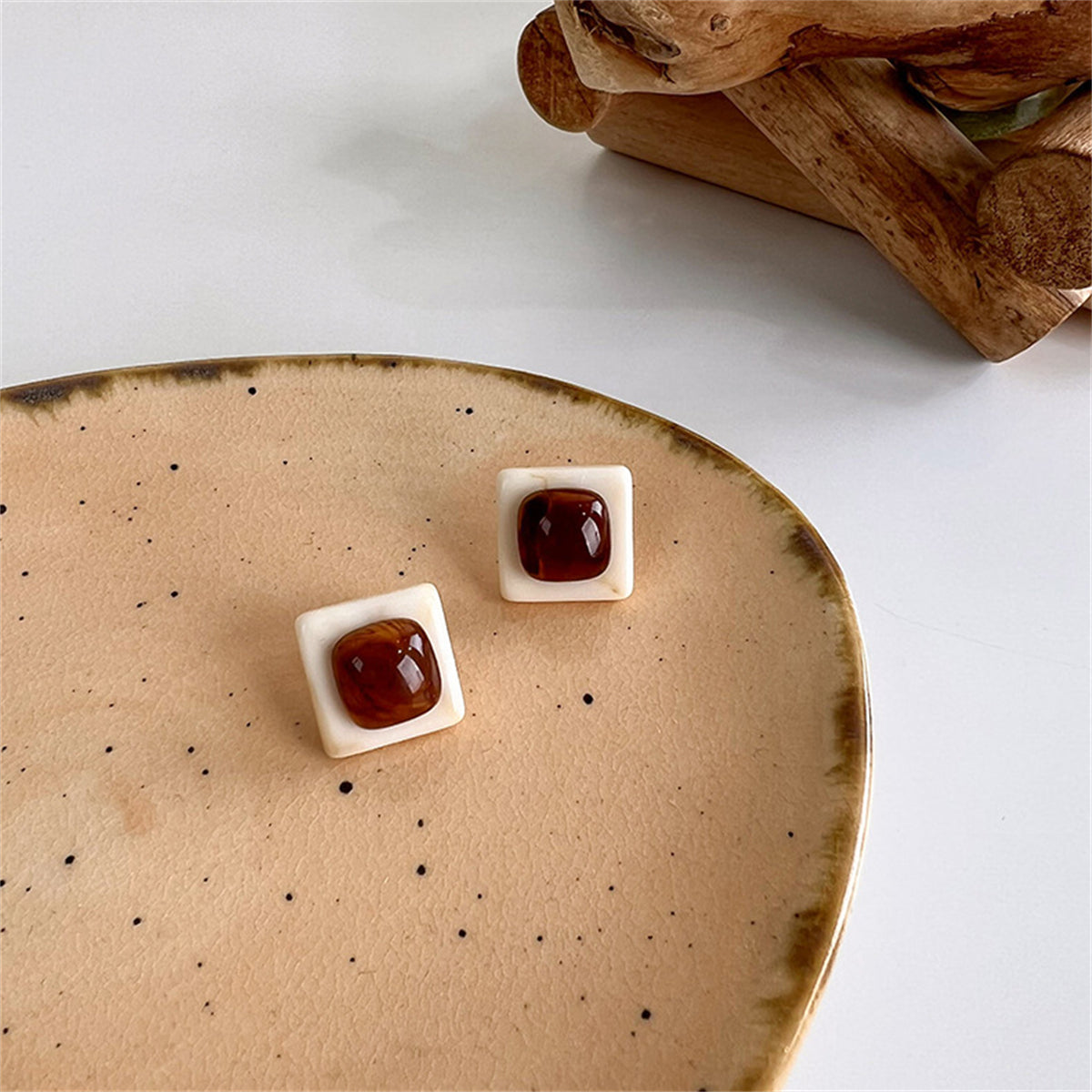 Coffee Resin and Silver-Plated Stacked Square Stud Earrings, silver stud earrings for women, elegant gift for her, front view