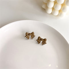 Pearl & Coffee Enamel Bow Stud Earrings