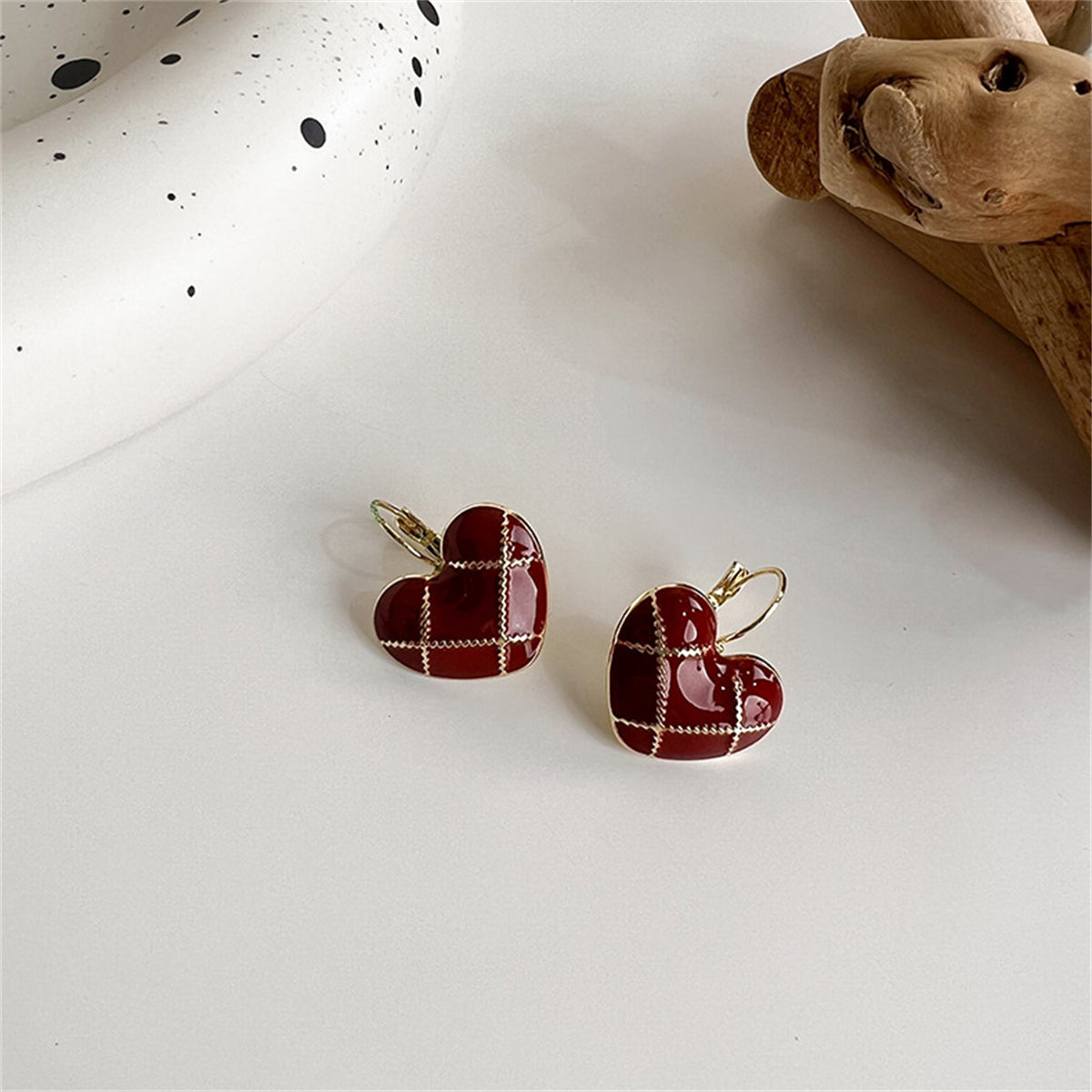 Red Enamel & 18K Gold-Plated Heart Huggie Earrings