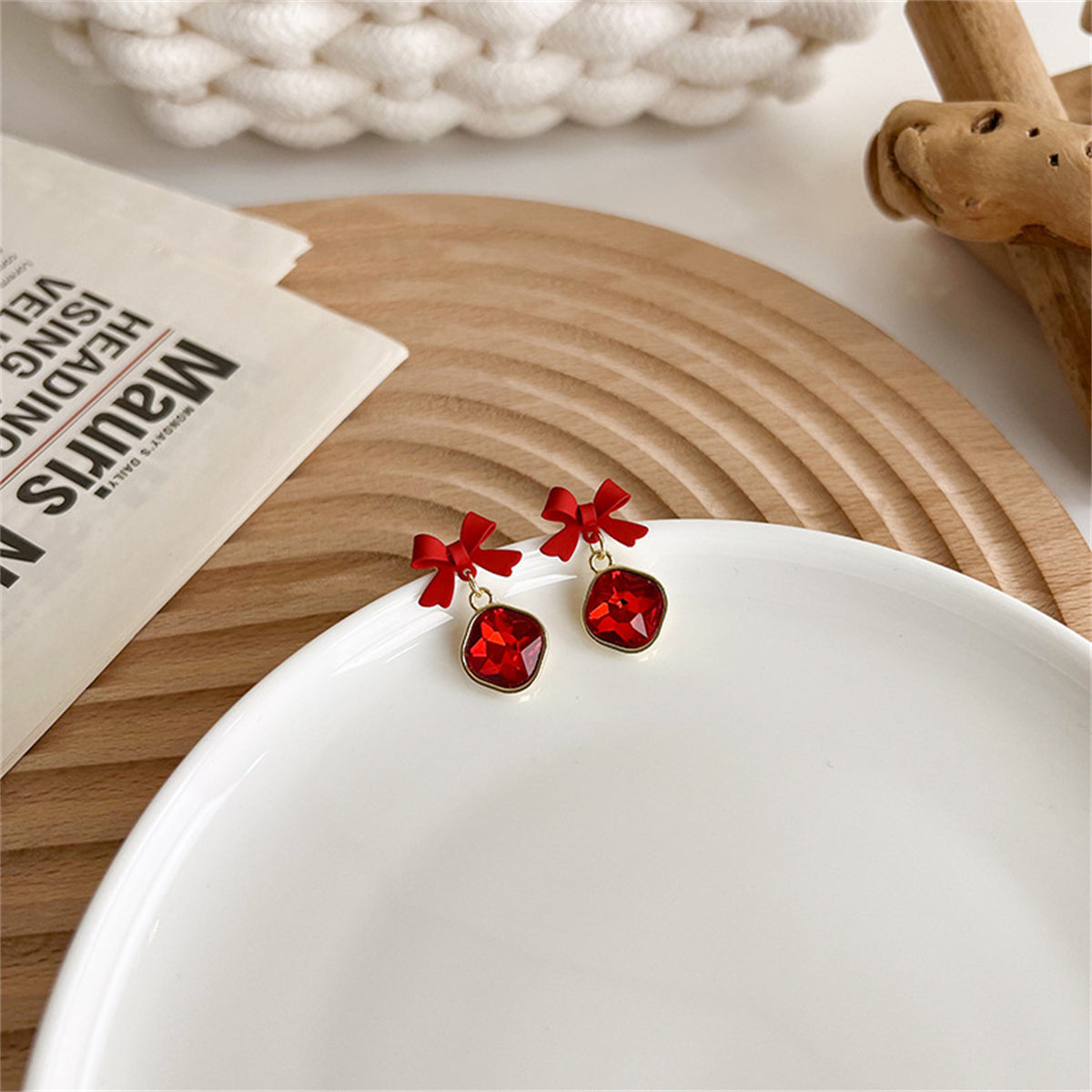 Red Crystal and Enamel 18K Gold-Plated Bow Drop Earrings, gold drop earrings for women, elegant gift for her, side view