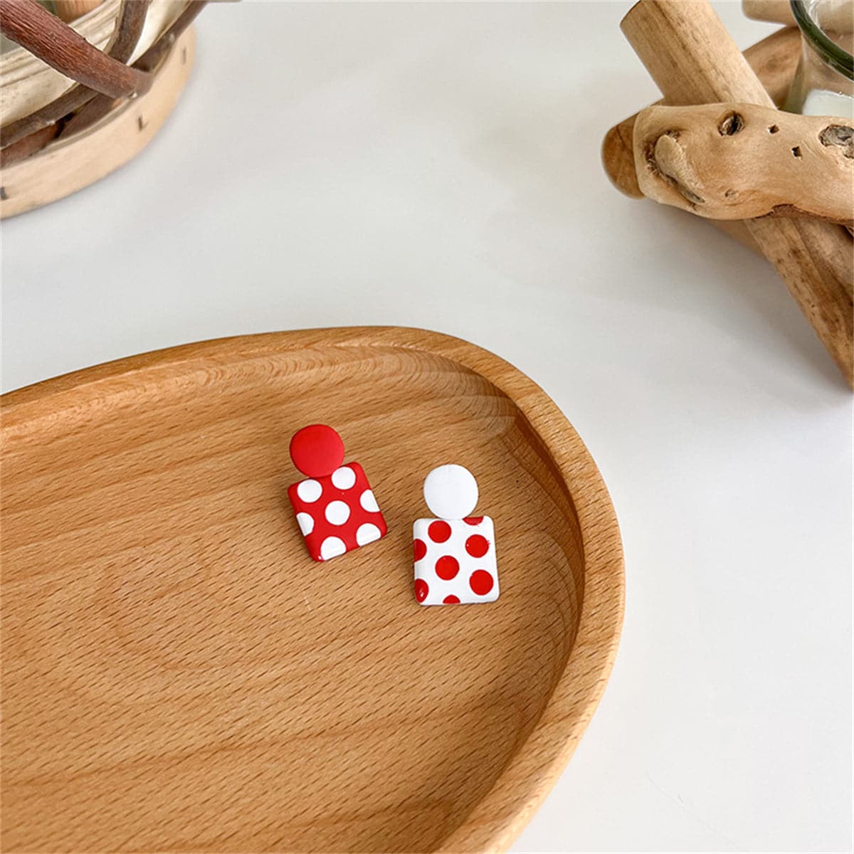 Red Enamel and Silver-Plated Spot Square Drop Earrings, silver drop earrings for women, dainty minimalist design, side view