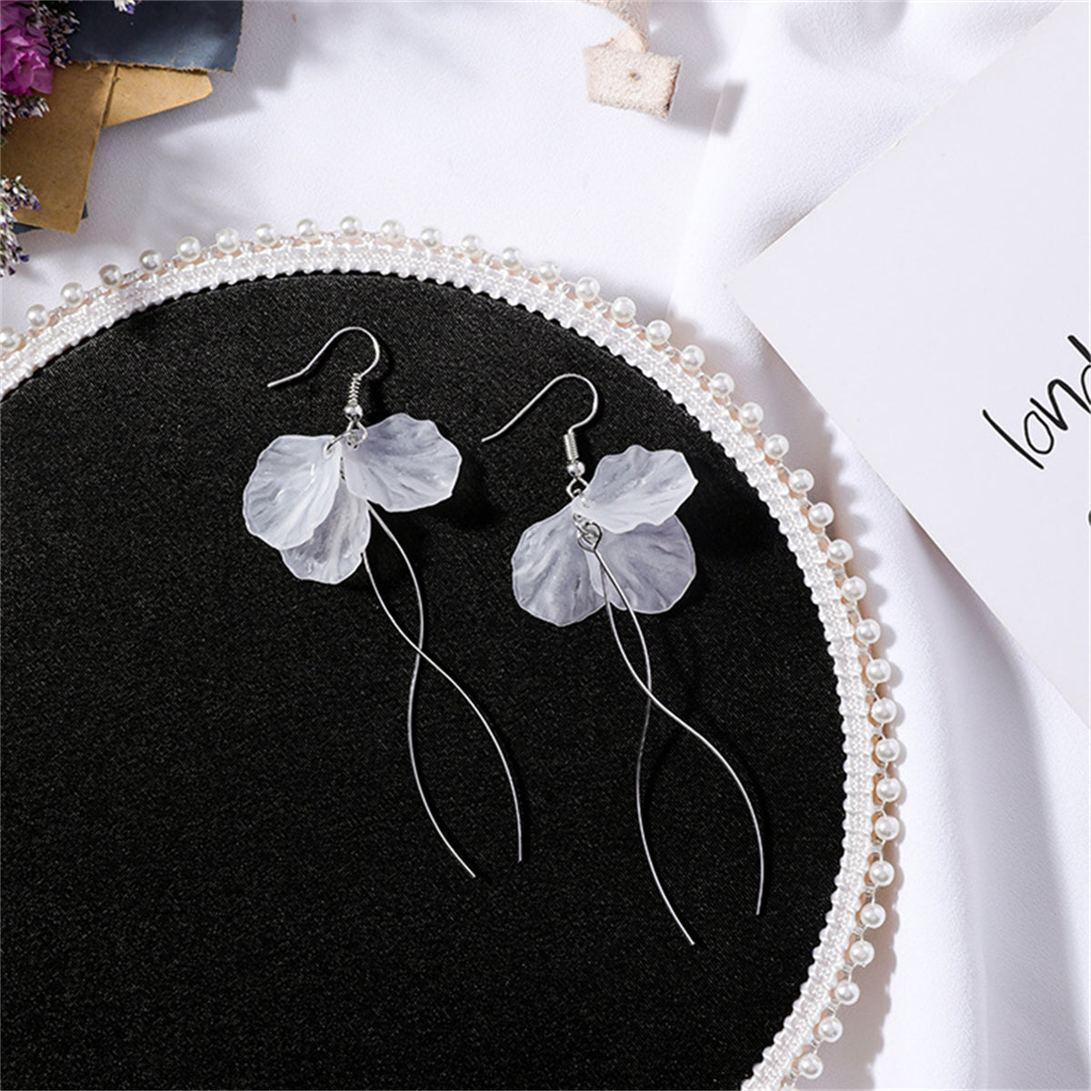 White & Silver-Plated Petal Trio Tassel Drop Earrings