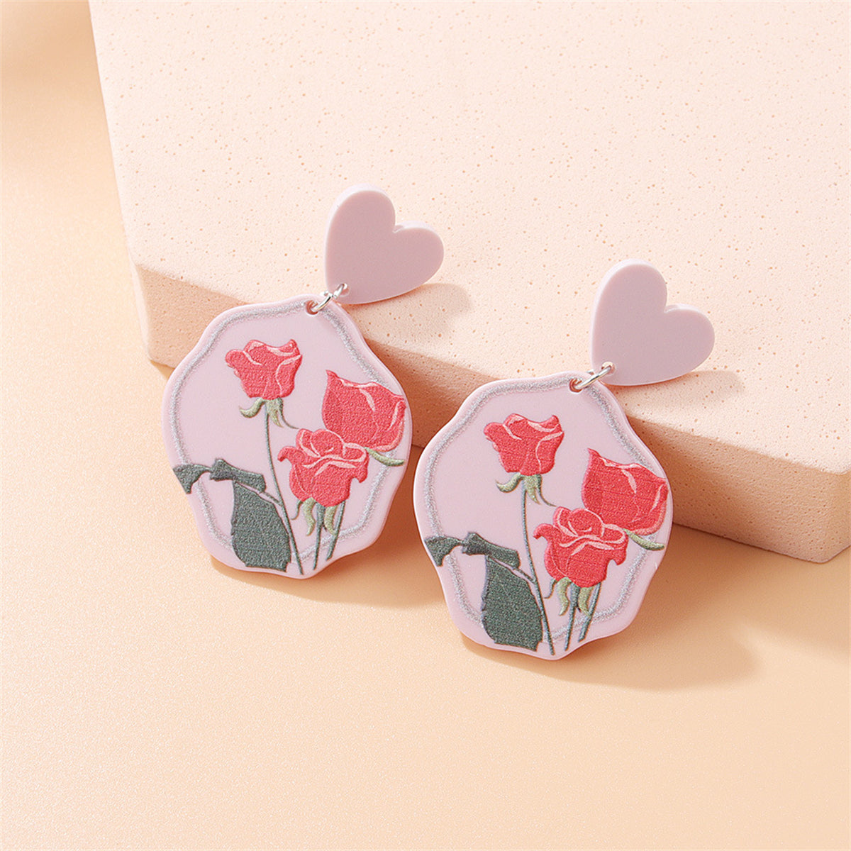 Pink and Green Heart Rose Drop Earrings, drop earrings for women, everyday style, front view