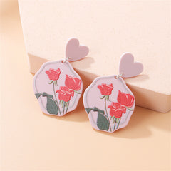 Pink & Green Heart Rose Drop Earrings