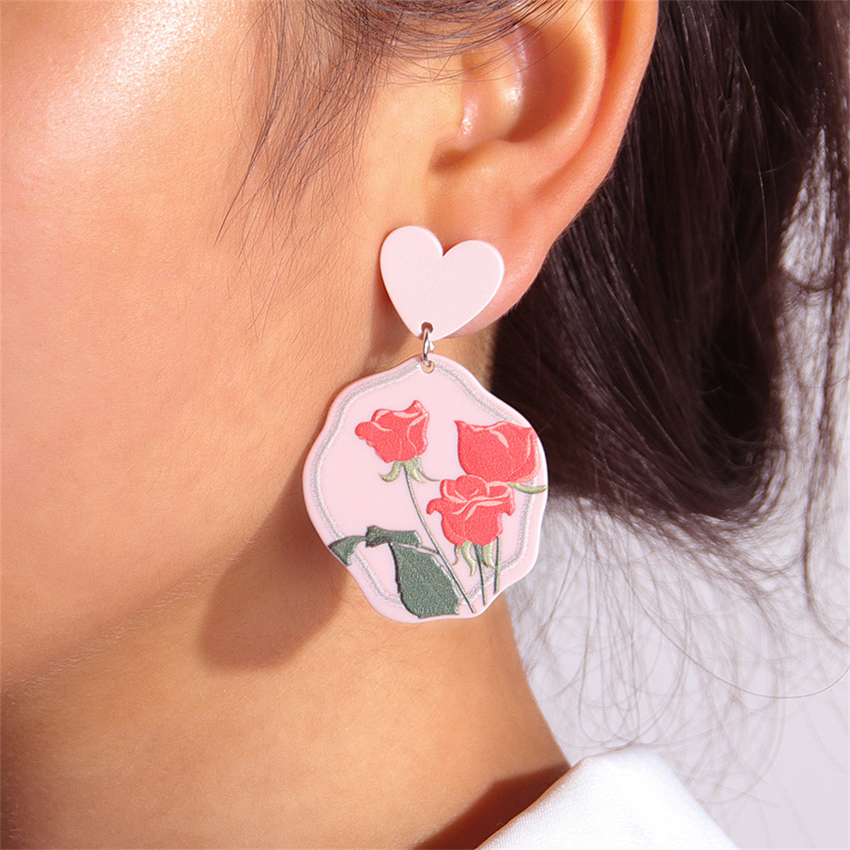 Pink and Green Heart Rose Drop Earrings, drop earrings for women, everyday style, side view