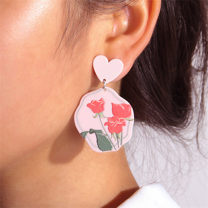 Pink and Green Heart Rose Drop Earrings, drop earrings for women, everyday style, side view