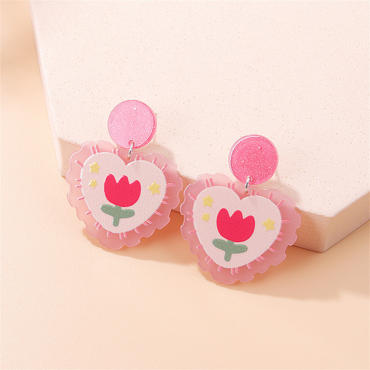 Pink Acrylic Tulip Heart Drop Earrings, drop earrings for women, elegant gift for her, front view