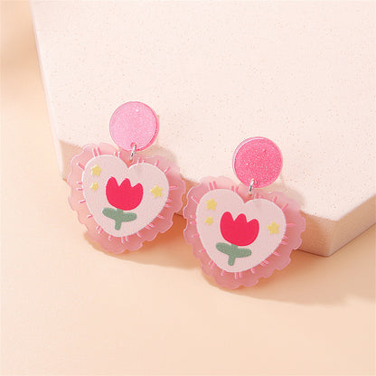 Pink Acrylic Tulip Heart Drop Earrings, drop earrings for women, elegant gift for her, front view