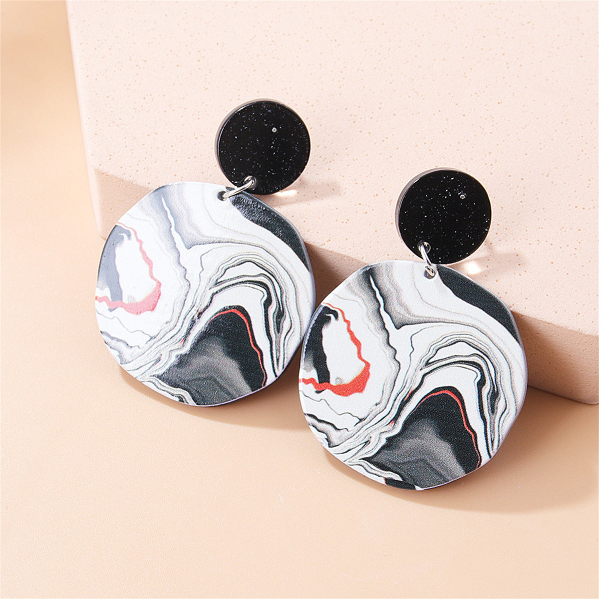Black and White Acrylic Silver-Plated Marble-Texture Drop Earrings, silver drop earrings for women, front view