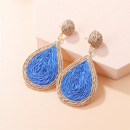 Blue Raffia and 18K Gold-Plated Drop Earrings, gold drop earrings for women, botanical inspired, front view