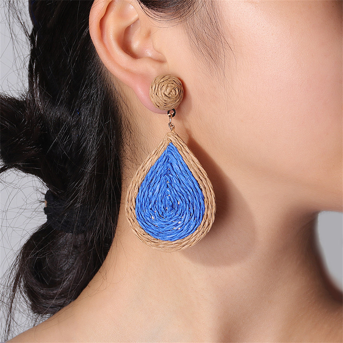 Blue Raffia and 18K Gold-Plated Drop Earrings, gold drop earrings for women, botanical inspired, side view