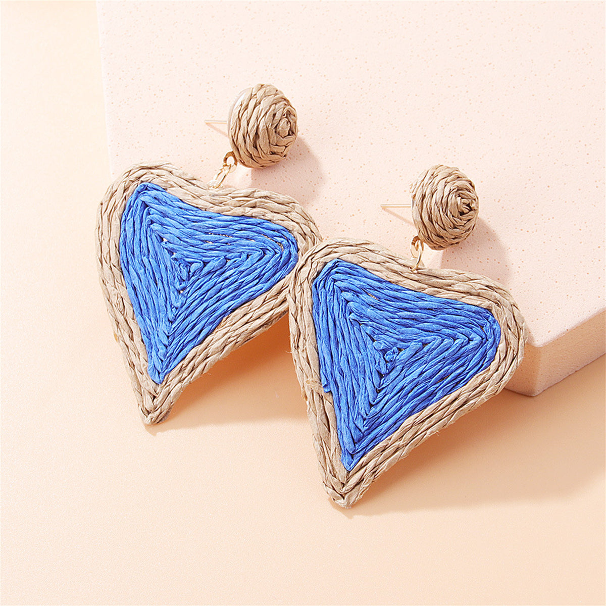 Blue and Beige Raffia Heart Drop Earrings, drop earrings for women, botanical inspired, front view