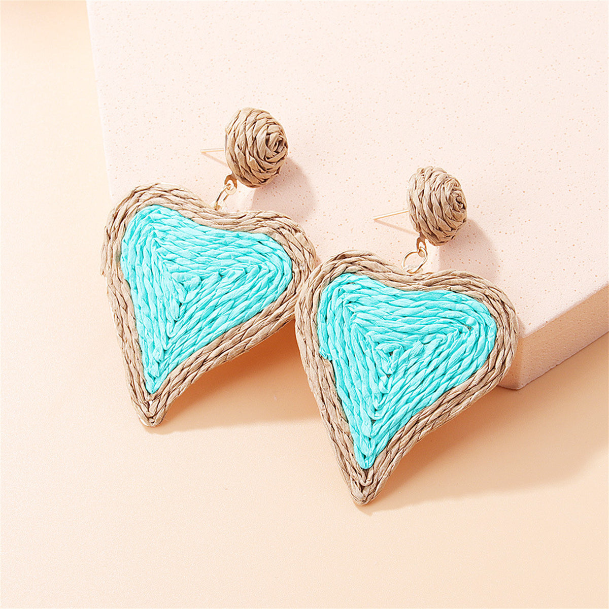Cyan Raffia and 18K Gold-Plated Heart Drop Earrings, gold drop earrings for women, dainty minimalist design, front view