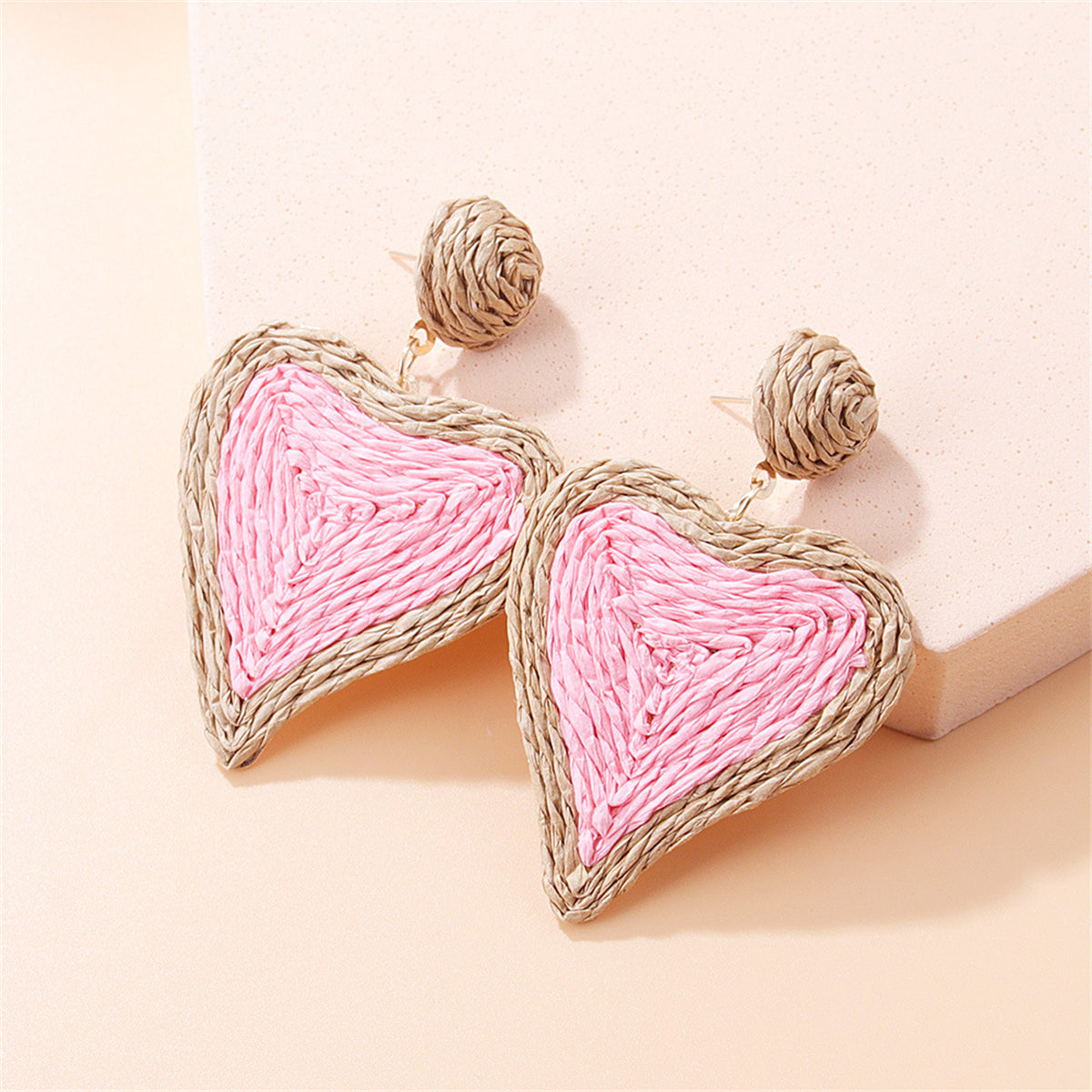 Light Pink and Beige Raffia Heart Drop Earrings, drop earrings for women, dainty minimalist design, front view