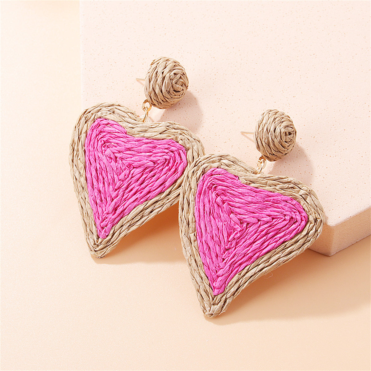 Rose Raffia and 18K Gold-Plated Heart Drop Earrings, gold drop earrings for women, elegant gift for her, front view