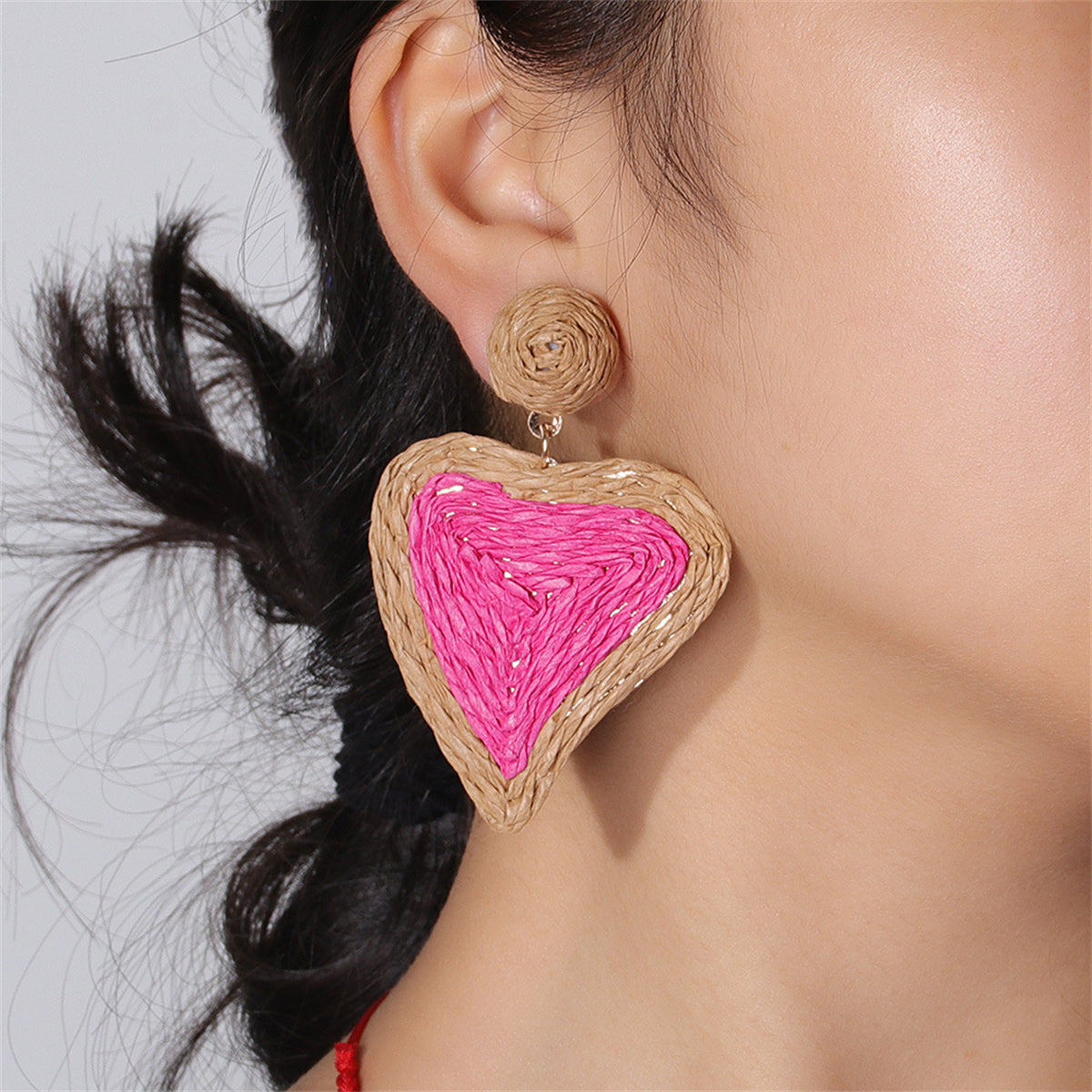 Rose Raffia and 18K Gold-Plated Heart Drop Earrings, gold drop earrings for women, elegant gift for her, side view