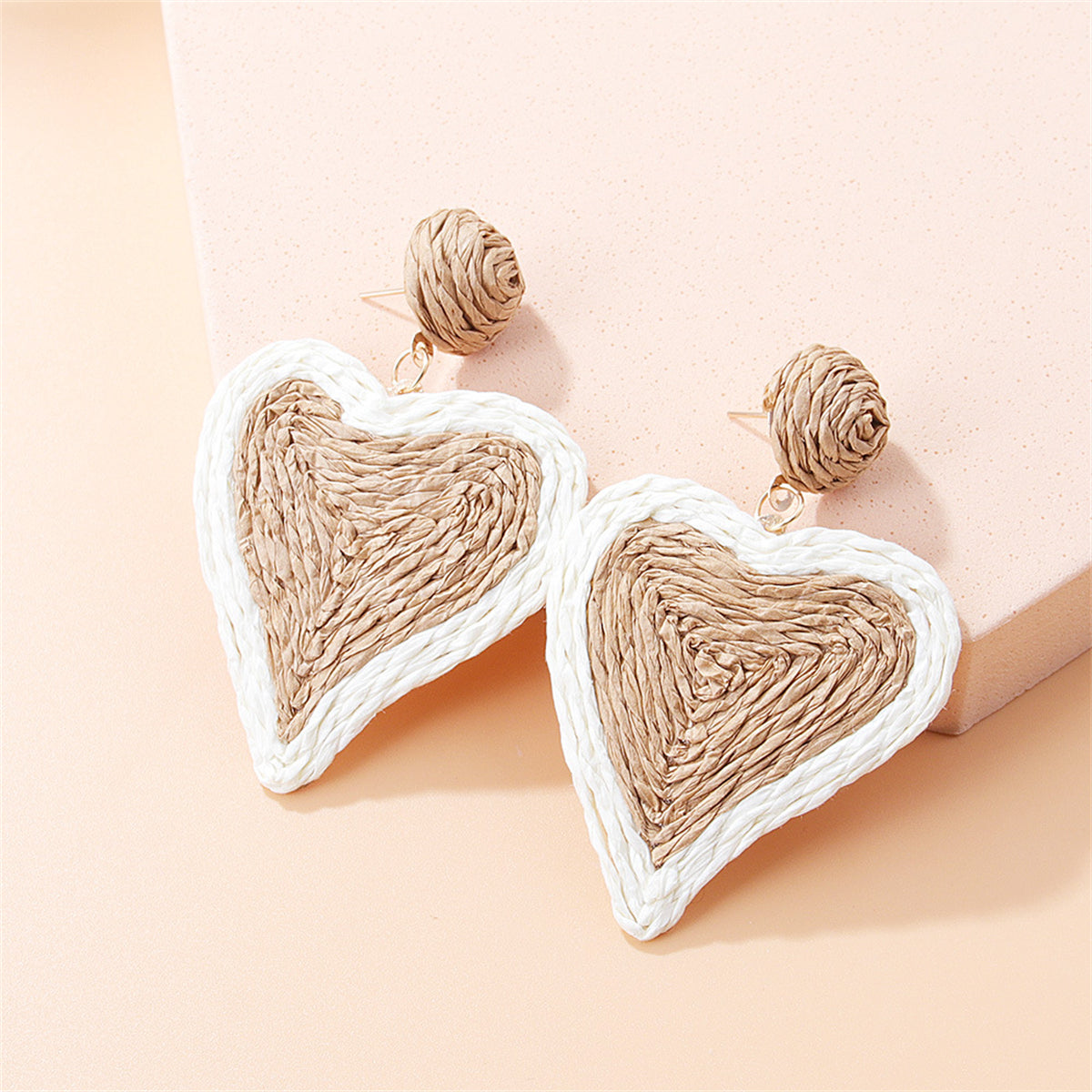 White Raffia & 18K Gold-Plated Heart Drop Earrings