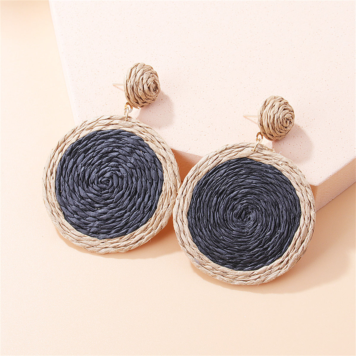 Black Raffia and 18K Gold-Plated Vortex Round Drop Earrings, gold drop earrings for women, everyday style, front view