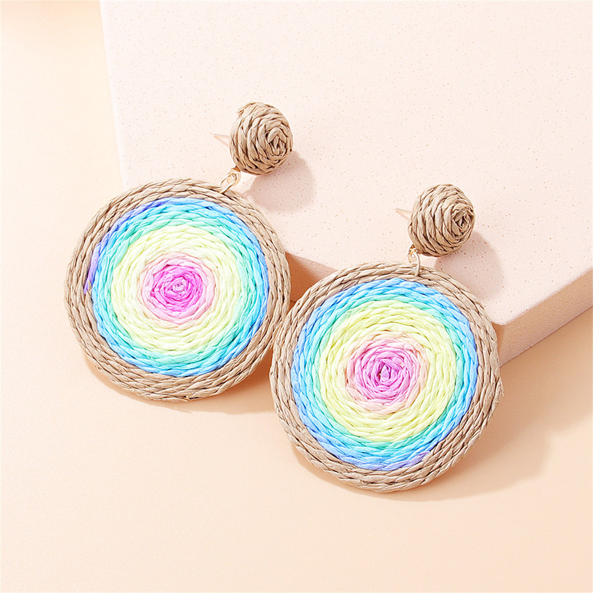 Blue and Pink Raffia Round Drop Earrings, drop earrings for women, dainty minimalist design, front view